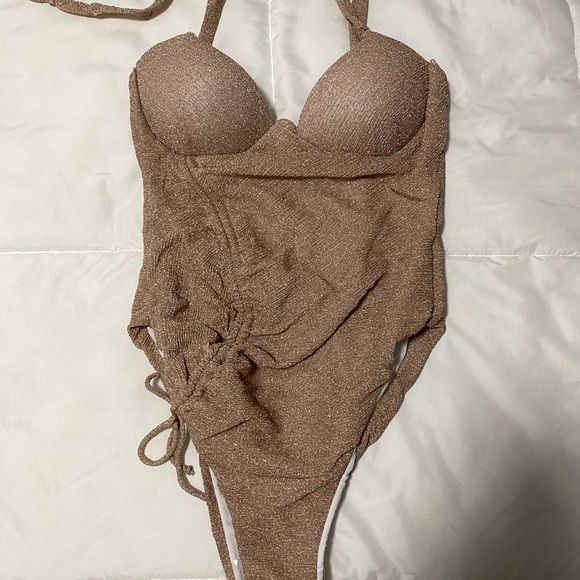 Gold Glitter Ruched Drawstring Cupped One Piece Swimsuit - Picture 2 of 2